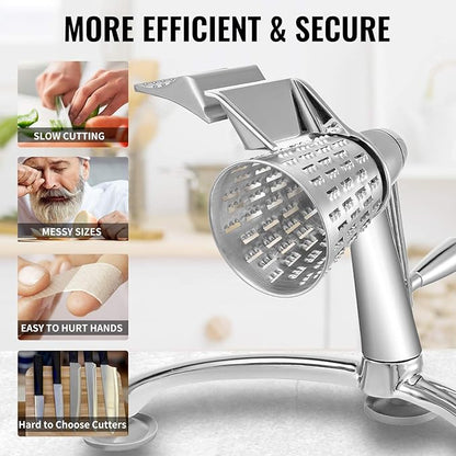 VEVOR Rotary Cheese Grater, Zinc Alloy Rotary Vegetable Mandoline, Manual Cheese Mandoline w/ 5 Stainless Steel Cutting Cones, Manual Vegetable Grater w/ 2.5L Bowl, Rotary Shredder w/Suction Base - Image 6