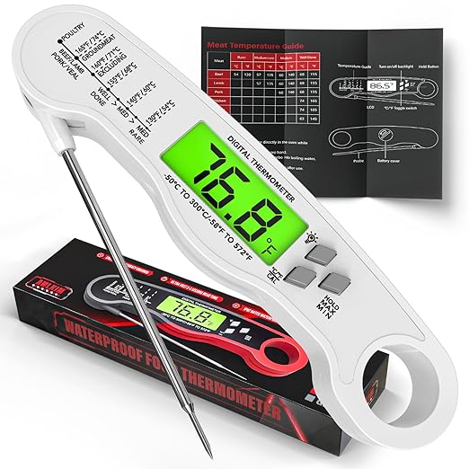 AWLKIM Digital Meat Thermometer with Doneness Chart, 2-Sec Instant Read Food Thermometer for Cooking, Grilling, Oven, Air Fryer - Waterproof Backlit Magnetic Flip Probe, Gift for Men, Dad - White by AWKLIM