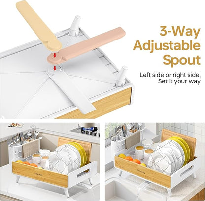 Urackify Dish Drying Rack for Kitchen Counter - Stainless Steel & Bamboo Dish Rack with Large Removable Utensil Holder, Dish Drainer with Adjustable Automatic Spout, White - Image 3