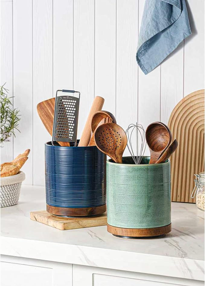 Utensil Holder, 360° Rotating Extra Large Ceramic Kitchen Utensil Holder for Countertop, 7.3“ Cooking Utensil Crocks for Kitchen Counter with Rotatable Wooden Base, Farmhouse Decor, Forest Green - Image 2