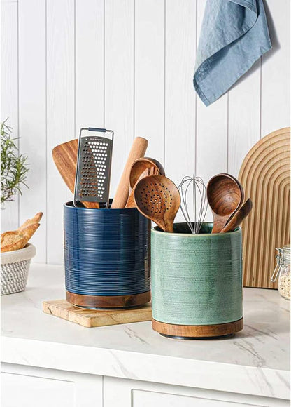 Utensil Holder, 360° Rotating Extra Large Ceramic Kitchen Utensil Holder for Countertop, 7.3“ Cooking Utensil Crocks for Kitchen Counter with Rotatable Wooden Base, Farmhouse Decor, Forest Green - Image 2