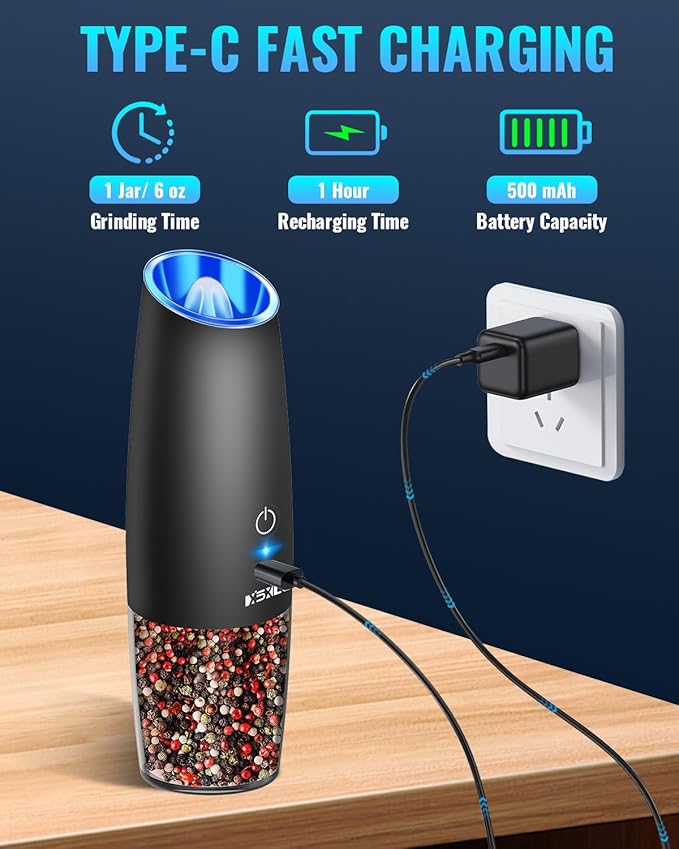 Rechargeable Pepper and Salt Grinder Set, whit Gravity Sensing Switch and LED Light, One Hand Automatic Operation -Black/2 Pack