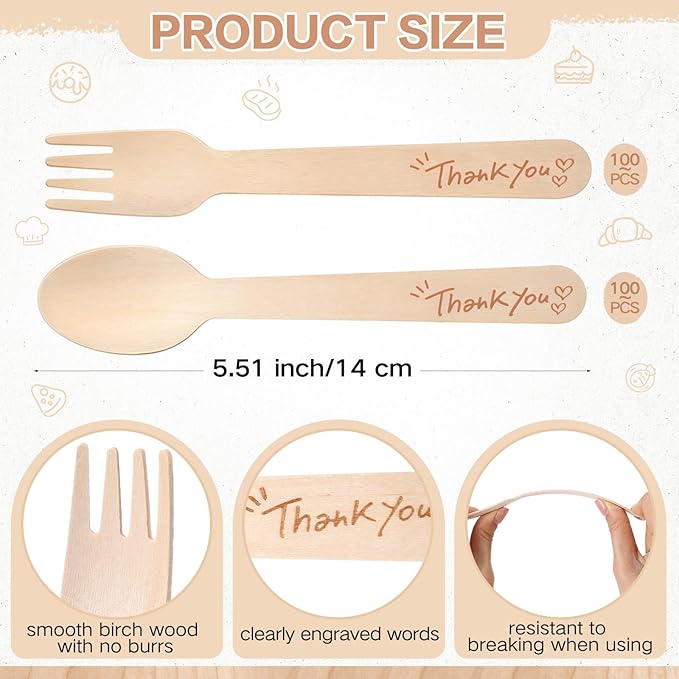 LemonRoad 200 Pcs Thank You Disposable Wooden Cutlery Set Bamboo Utensils 100 Forks, 100 Spoons Employee Appreciation Party Favors for Administrative Professionals Volunteer Party Supplies
