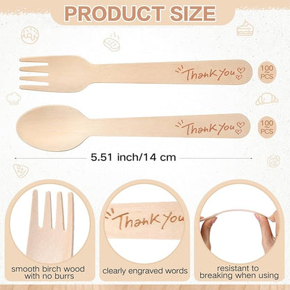 LemonRoad 200 Pcs Thank You Disposable Wooden Cutlery Set Bamboo Utensils 100 Forks, 100 Spoons Employee Appreciation Party Favors for Administrative Professionals Volunteer Party Supplies