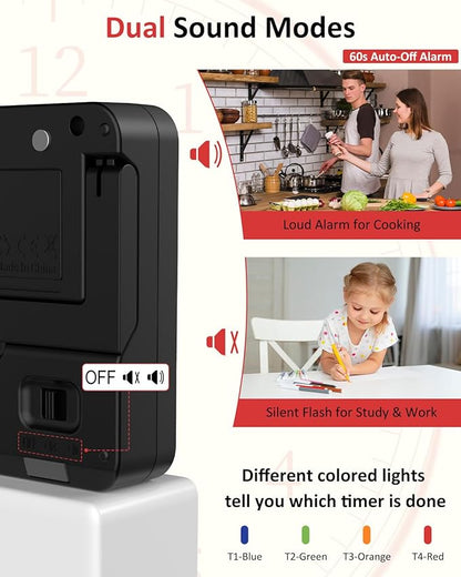 Digital Kitchen Timer for Cooking - 4 Channel Count Up Countdown Timer with Loud Alarm and Silent Mode, Large Display, Magnetic Back, Auto Memory for Classroom Study Gym, Battery Included (Black) - Image 5