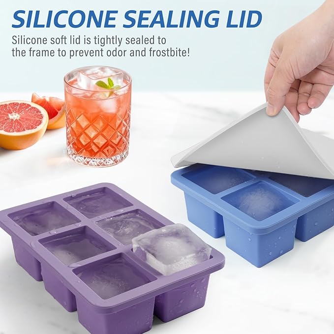 mossime Silicone Ice Cube Tray: 4pack Square Whiskey Large Ice Cube Molds - Old Fashioned Ice Cube Trays with Lid - 2inch Easy Release Big Freezer Mold for Cocktail Food Soup & Juice - Image 6