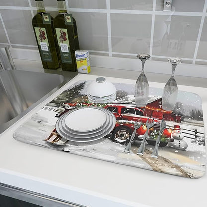 Christmas Red Truck Dish Drying Mat for Kitchen Counter 18x24 Inch Xmas Tree Snowman Dog Winter Print Absorbent Reversible Microfiber Drying Mats Kitchen Countertop Protector Dishes Drainer Rack Pad - Image 6