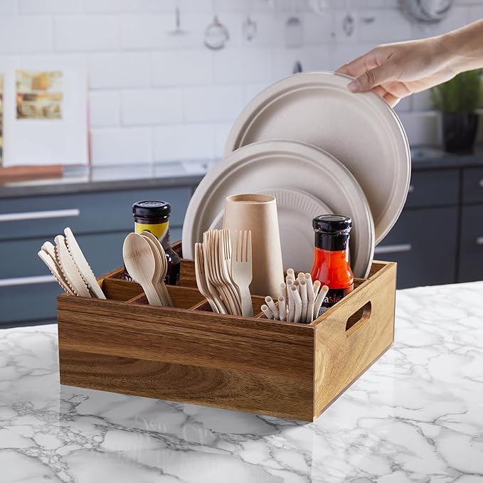ALELION Acacia Wood Utensil Holder for Party - Paper Plate Organizer for Countertop - Silverware Caddy with 6 Compartments for Plate, Cup, Fork, Spoon - Cutlery Holder for Kitchen Camping Buffet - Image 3