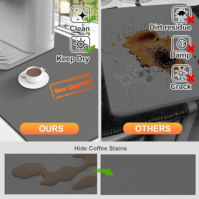 Bloss Coffee Bar Mat for Countertops, Grey Dish Drying Mat for Multiple Usage, Kitchen Counter Mat, Absorbent Hide Stain Rubber Backed Dish Drying Pad / 16.1"x24.1" - Image 5
