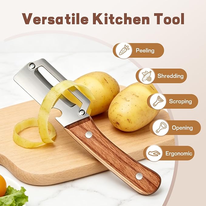 2026 New 2 Pack Multifunctional Vegetable Peeler, 2-in-1 Peelers For Kitchen with Bottle Opener, Sharp Stainless Steel Swivel Blade, Wooden Handle, For Vegetables or Fruits that Need to Be Peeled - Image 2