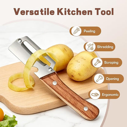 2026 New 2 Pack Multifunctional Vegetable Peeler, 2-in-1 Peelers For Kitchen with Bottle Opener, Sharp Stainless Steel Swivel Blade, Wooden Handle, For Vegetables or Fruits that Need to Be Peeled - Image 2