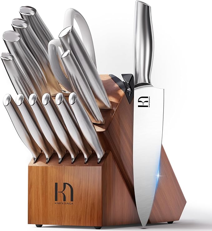 KnifeSaga Kitchen Knife Set 14 Piece Premium Japanese High Carbon Stainless Steel Knife Block Sets with Built-in Sharpener, Razor Sharp Knives Set for Kitchen, Quality Acacia Wood Block Knife Set by PushBoundariesforSharpness