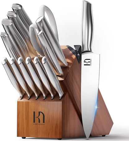 KnifeSaga Kitchen Knife Set 14 Piece Premium Japanese High Carbon Stainless Steel Knife Block Sets with Built-in Sharpener, Razor Sharp Knives Set for Kitchen, Quality Acacia Wood Block Knife Set by PushBoundariesforSharpness
