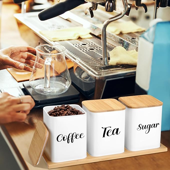 Tioncy Coffee Tea Sugar Container with Tray Set of 3 Airtight Metal Canister with Bamboo Lid Tray for Kitchen Counter Dining Room Farm House Kitchen Style Drink Station Organizer Set(White) - Image 4