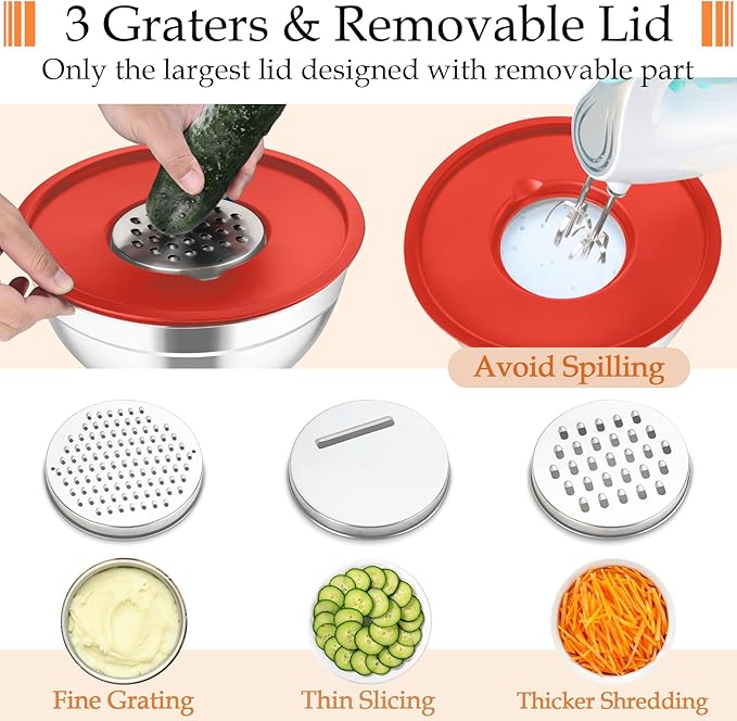 TeamFar Mixing Bowls, Stainless Steel Nesting Salad Bowls with Lids Set & 3 Grater Attachments, For Mixing/Serving/Storing, Non-toxic & Long-lasting, Size 4.6/3 / 1.5 QT, Colorful - Image 3