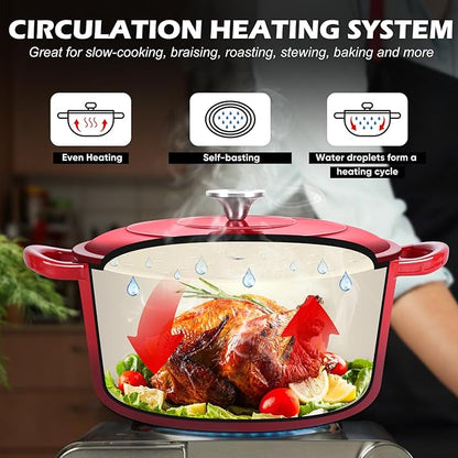TeamFar Enameled Cast Iron Dutch Oven, 7qt Dutch Oven Pot Nonstick Cookware with Lid & Dual Handles for Bread Baking, Cooking, Oven Safe up to 500℉ & Various Stovetops, Healthy & Heavy Duty - Red - Image 5