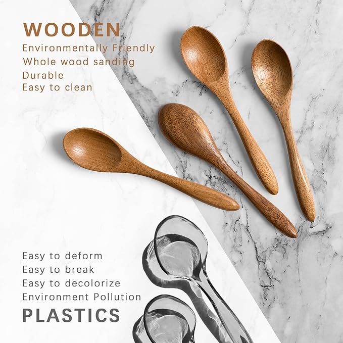 4 PCS Small Wooden Spoons, 5.8 Inch Honey Spoons for Tea, Acacia Wooden Honey Teaspoon for Coffee, Little Tiny Wood Spoons, Bamboo Table Spoon for stirring, Wooden Spoons for Utensils Set - Image 3
