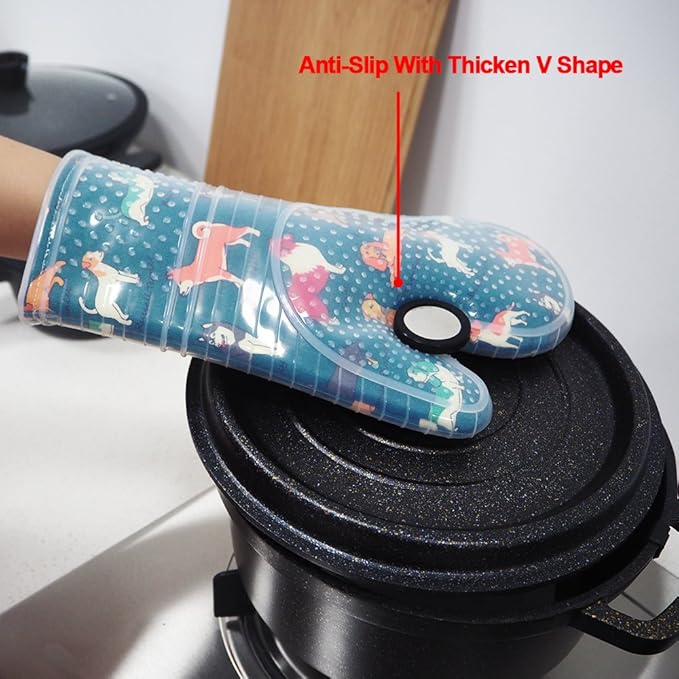 Oven Mitts Set of 2 with Transparent Clear Silicone Shell and Nice Dog Printing Cotton Lining, Heat Resistant to 500 F Kitchen Oven Gloves Pot Holder for Cooking (Blue) - Image 3