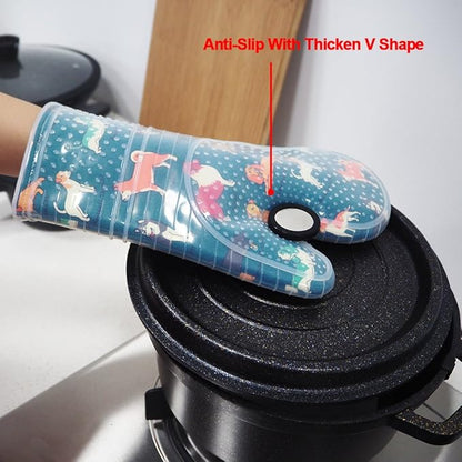Oven Mitts Set of 2 with Transparent Clear Silicone Shell and Nice Dog Printing Cotton Lining, Heat Resistant to 500 F Kitchen Oven Gloves Pot Holder for Cooking (Blue) - Image 3