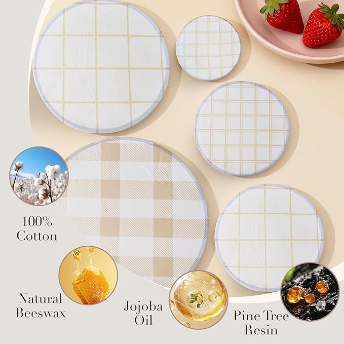 Tirphy 5-Size Reusable Bowl Covers for Bread Proofing - Beeswax Bowl Covers Reusable 4/6/8/10/12 Inch - Elastic Cotton Cloth Sourdough Cover - Shower Caps for Sourdough Bread (Simple style)
