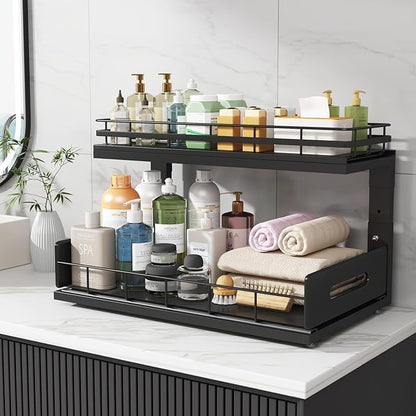 Under Sink Organizer Upgrade To Professional Rails,2-Tier Dual Pull Out Cabinet Storage,Height Adjustable Slide Out Drawers For Bathroom Kitchen,2 Pack-18.5"Dx12.8"-16.9"H,Black - Image 8