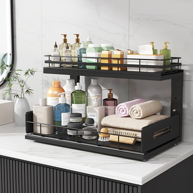 Under Sink Organizer Upgrade To Professional Rails,2-Tier Dual Pull Out Cabinet Storage,Height Adjustable Slide Out Drawers For Bathroom Kitchen,1 Pack-18.5"Dx12.8"-16.9"H,Black - Image 8