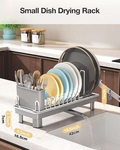 Dish Rack, Carbon Steel Small Dish Drying Rack Rustproof for Kitchen Counter, Compact Space-Saving Dish Drainer with Adjustable Slots for Small Kitchens & Apartments, 16.5×6.5×7inch, Grey - Image 2