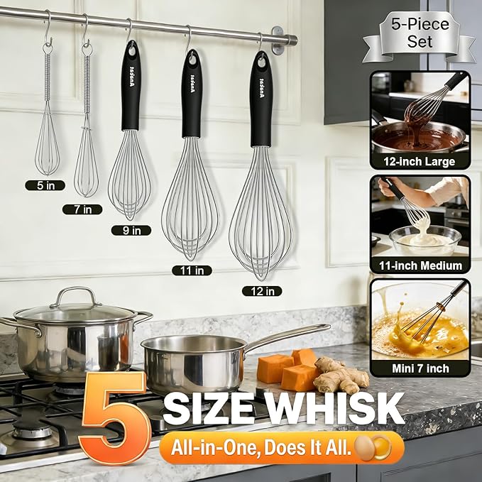Anaeat Stainless Steel Kitchen Whisk Set of 5, Milk and Egg Beater Blender with Thick Wire for Whisking, Cooking, Baking, Beating and Stirring - 5"+7" Mini Whisk and 9''+11''+12'' Balloon Whisks - Image 6