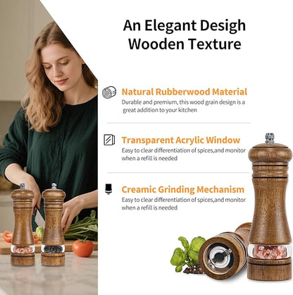 Haomacro Wood Salt and Pepper Grinder Mills Set, Classic Manual Pepper Grinder Salt Grinder Refillable Pepper Mill Sets with Acrylic Visible Window Adjustable Ceramic Grinding Rotor 6.5inch 2 Pack - Image 4