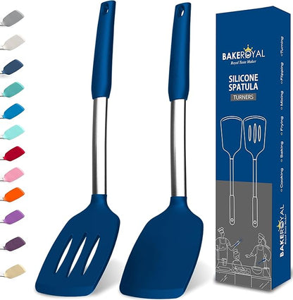 BakeRoyal Silicone Spatula Set - Turner Spatulas Silicone Heat Resistant 600°F - Slotted & Solid Spatula for Cooking Fish, Eggs, Pancakes Flipper – Spatulas for kitchen use – Royal Blue by BAKEROYAL
