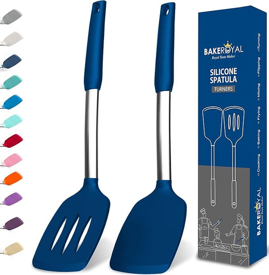 BakeRoyal Silicone Spatula Set - Turner Spatulas Silicone Heat Resistant 600°F - Slotted & Solid Spatula for Cooking Fish, Eggs, Pancakes Flipper – Spatulas for kitchen use – Royal Blue by BAKEROYAL