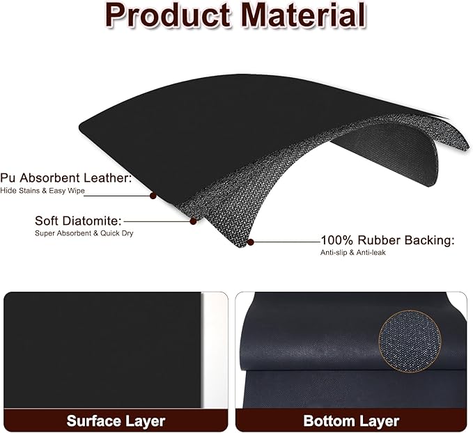Dish Drying Mat for Kitchen Counter, 12" x 20" Coffee Bar Mat for Espresso Machine, Super Absorbent & Stain-Resistant Countertop Protector, Non-Slip Rubber Back Drying Pad for Coffee Maker, Black