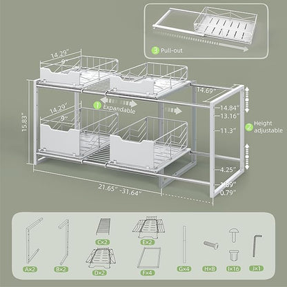 NETEL NETELAdjustable Under Sink Organizers and Storage, 2 Tier Expandable Pull Out Under Sink Organizers and Storage, 4 Pull-Out Metal Baskets, (21.5-31.64)" W X 14.69" D X 15.83" H