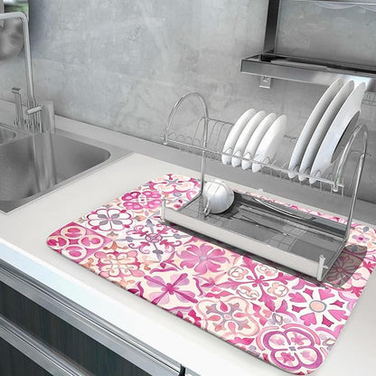 Pink Mexican Tiles Dish Drying Mat Absorbent Microfiber Dish Drying Pad for Kitchen Multi-use Large - Image 5