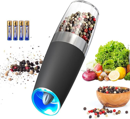 CIRCLE JOY Gravity Electric Pepper Grinder Salt Grinder Pepper Griner Mill Electric with LED Light, Battery Operated, Adjustable Coarseness, Washable 135ml Container, 1 Pcs by CIRCLEJOY