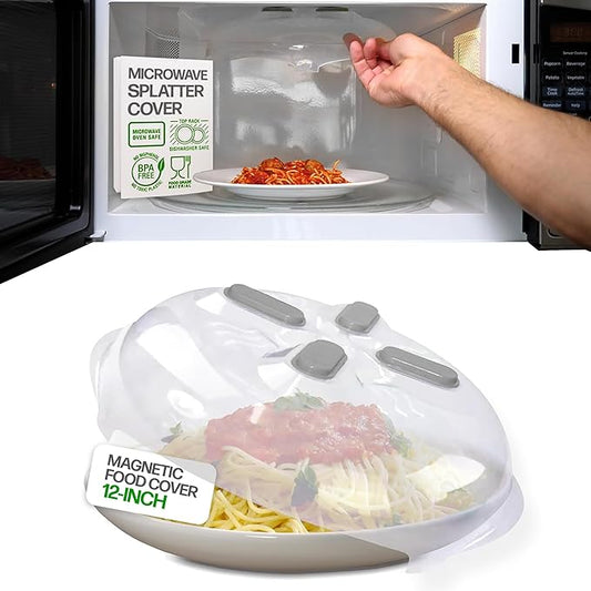HOVER COVER Magnetic Splatter Cover, 12-Inch Clear BPA-Free Food Lid, Vented Plate Guard with Steam Vents, Anti-Splash Microwave Lid, Dishwasher Safe, Space-Saving Magnetic Storage - Gray by HoverCover