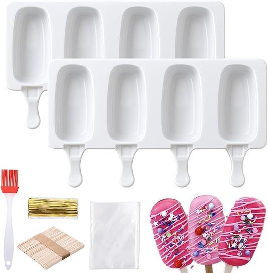 Juome Cake Pop Mold Kit, 2 Pack 8 Cavities Cakesicle Molds Silicone with 100 Wooden Sticks & 100 Packaging Bags with Ties, Cake Pop Maker Supplies Accessories, Baking Tools for Home Baking Desserts by Juome