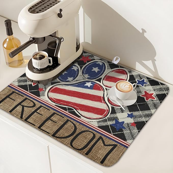 4th of July Dish Drying Mat 18x16 Inch, Patriotic Drying Mat with Absorbent Reversible Microfiber, Independence Day Dish Drainer Mats Memorial Day Rack Pad for Coffee Countertop Kitchen Protector