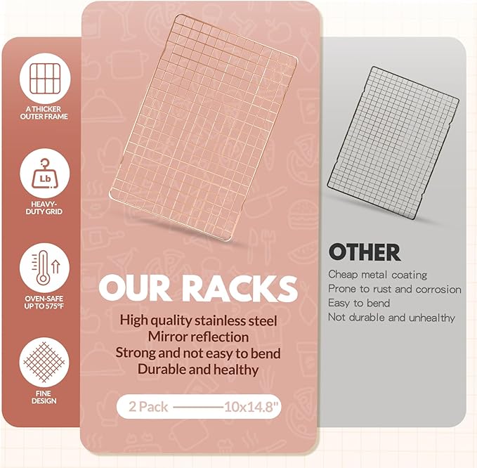 2 PCS Cooling Racks for Cooking and Baking, 14.8x10 Inches Stainless Steel Cooling Rack, Sheet Pan with Wire Rack for Baking Sheet, Bacon Rack Oven Safe Fits Jelly Roll Sheet Pan - Image 4
