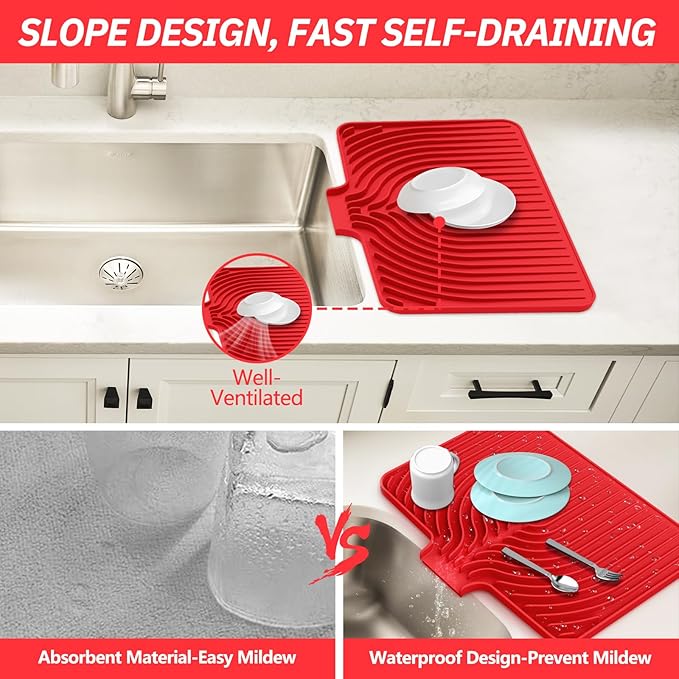Dish Drying Mat for Kitchen Counter, with Built-in Drain Lip, Food-Grade Silicone, Easy Clean Pad for Countertop Protection, Multi-Functional Use (18x11.8, Red) - Image 4