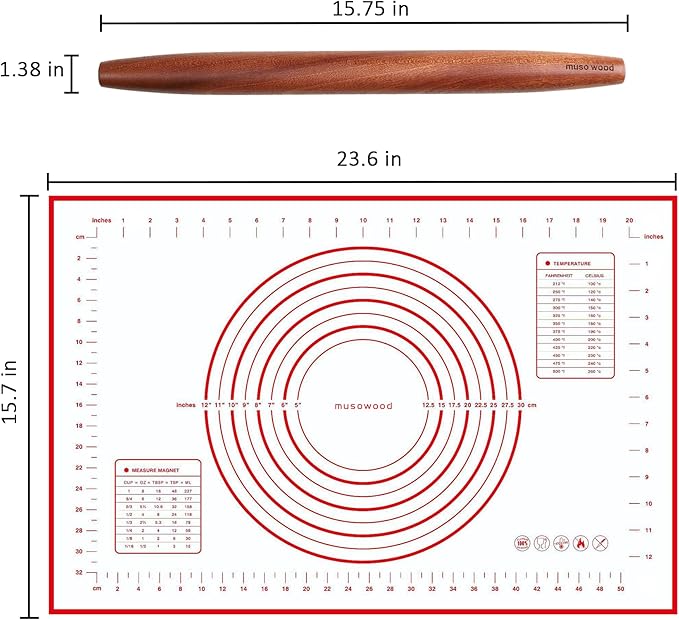 Muso Wood French Rolling Pin and Silicone Baking Mat Set, Sapele Wooden Rolling Pin 15.75 Inch and Tapered Roller for Fondant, Pie Crust, Cookie, Pastry - Image 2