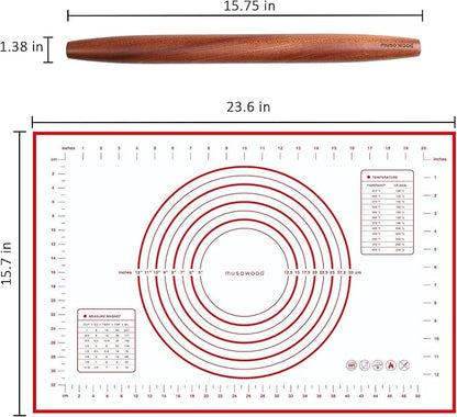 Muso Wood French Rolling Pin and Silicone Baking Mat Set, Sapele Wooden Rolling Pin 15.75 Inch and Tapered Roller for Fondant, Pie Crust, Cookie, Pastry - Image 2