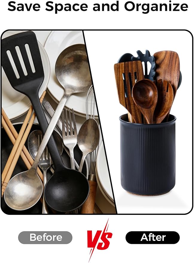 LoeJan Utensil Holder, Extra Large Utensil Crock, Stable Ceramic Utensil Organizer, Cooking Tool Organizer Set for Kitchen Counter Farmhouse Décor, Matte Black - Image 6