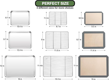 Baking Sheet Tray Cooling Rack with Silicone Mat Set, Stainless Steel Cookie Pan For Oven, Set of 9 (3 Sheets + 3 Racks Mats), Warp Resistant & Heavy Duty & Easy Clean, Grey - Image 2