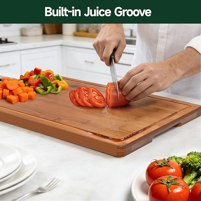 4-Piece Set Bamboo Cutting Board for Kitchen - Crack-Resistant Wood Chopping Boards with Deep Juice Grooves, Pre-Oiled Butcher Block for Meat, Vegetables & Cheese, Carbonized - Image 4