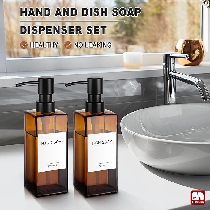 GMISUN Amber Glass Soap Dispenser, 2 Pack Hand Soap Dispenser Bathroom, 12 fl oz/350ml Dish Dispenser Set for Kitchen, Glass Liquid Dispenser with Stainless Steel Pump, Brown Soap Dispensers Bottle - Image 5