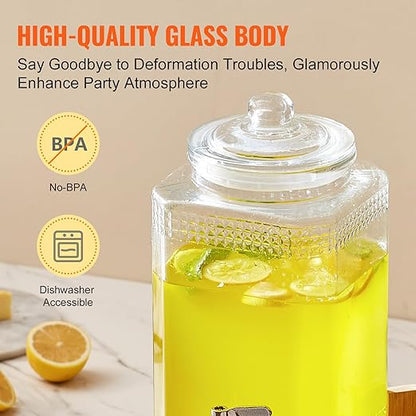 VEVOR Beverage Dispenser, 1.5 Gallon Drink Dispensers for Parties, Glass Juice Dispenser with Stand, Stainless Steel Spigot, Iced Tea Lemonade Juice Water Dispenser, for Restaurants, Hotels, Parties