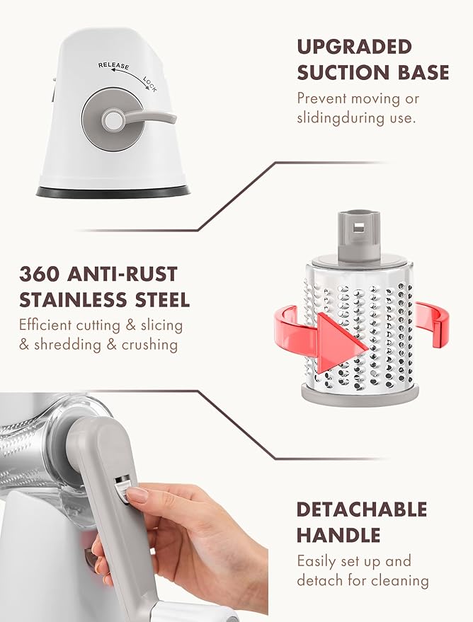 GDL Rotary Cheese Grater, Upgraded 5-in-1 Cheese Grater Hand Crank, Multi-purpose Cheese Shredder with Handle, Vegetable Slicer Cutter Ice Shaver for Potato, Carrot, Nuts, Chocolate - Image 6