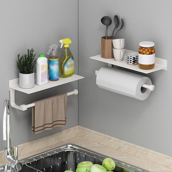 Danpoo White Paper Towel Holder with Shelf Wall Mount, Adhesive Hand Towel Holder for Bathroom, Kitchen Towel Holder - Image 4