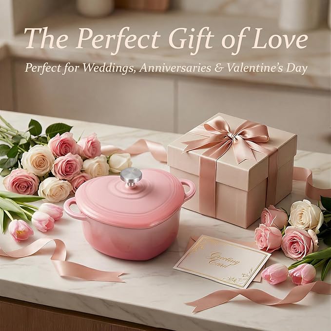Overmont Enameled Cast Iron Dutch Oven - Heart-Shaped Pot with Lid Cookbook & Cotton Pot Holders - Mini Cookware Oven Safe to 500°F for Sourdough Baking Soups Stews - Great Gift for Birthday Wedding Housewarming 2QT Pink